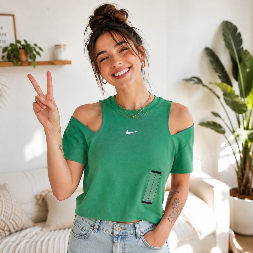 Nike Green Cold-Shoulder Crop Top with White Swoosh